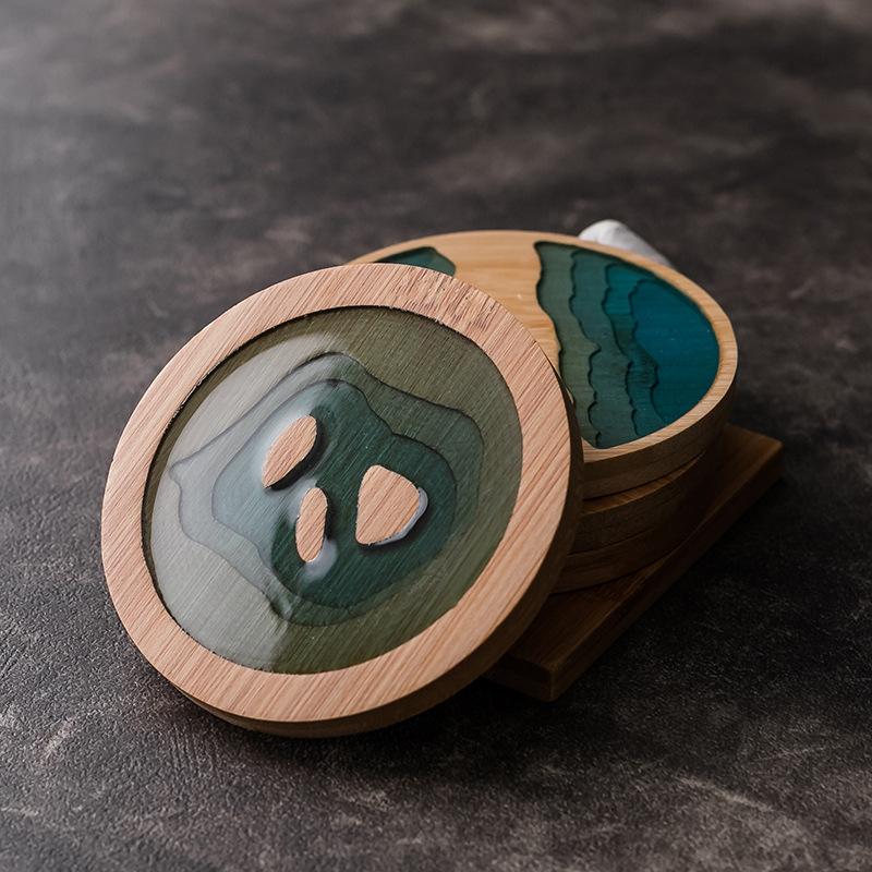 Озеро Морской Стиль Смола Бамбуковая Чайная Подставка, Креативная Подставка для Напитков, Изоляционная Подставка для Стола, Термостойкая Подставка