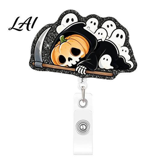 Retractable ID Card Reel Halloween Badge Reel Cute Pumpkin And Grim Reaper Design Acrylic Holder Smooth Pull Cord Clip for Nurse Doctor Teacher