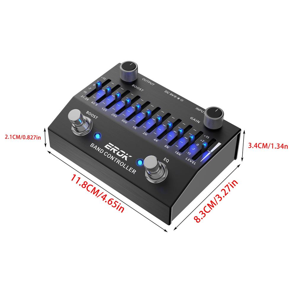 EROK EQB-10 10-полосный эквалайзер педаль эффектов для гитары и баса DC 9V True Bypass Усиление коэффициента усиления Корпус из алюминиевого сплава