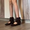 Retro western style woven splicing square head low heel hollow single shoes women's buckle inner height increase versatile light mouth thin boots