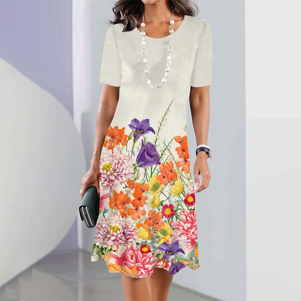 Summer Short Sleeves Dresses Classy Women Dress Loose A-Line Skirt Color Clash Print Woman Clothing Casual Round Collar Pullover