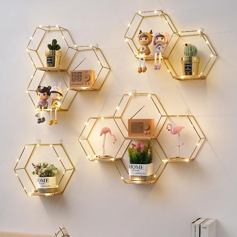 Nordic Wrought Iron Hexagonal Wall Shelf for Home, Bedroom, and Dining Room Decor