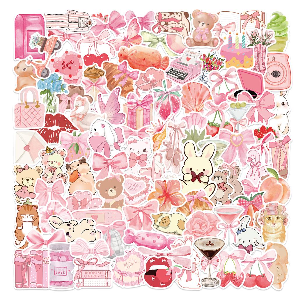 100PCS Girl's Pink Aesthetic Stickers Pink Y2K Party Supplies & Decorations, Waterproof Vinyl Decals for Scrapbook Water Bottle