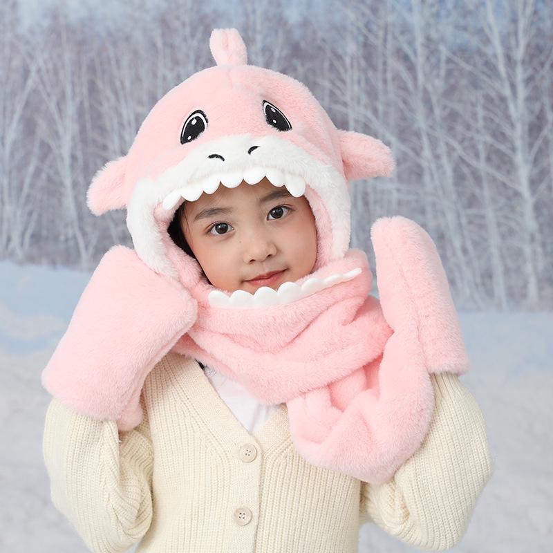 Children's Plush Winter Hat Set: Three-Piece Scarf, Gloves, and Ear-Protecting Cap