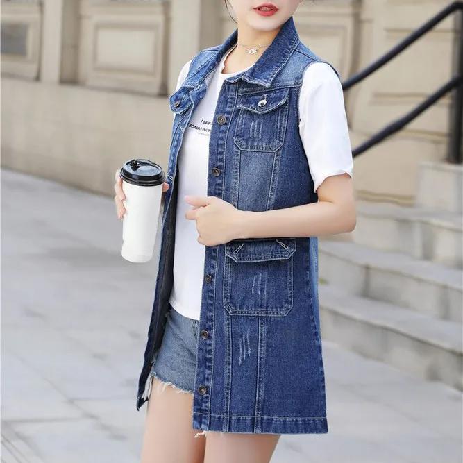 Women's Long Denim Vest - Oversized Sleeveless Single Breasted Tank Top Ripped Fashion Pockets Outwear Long Vintage Jackets