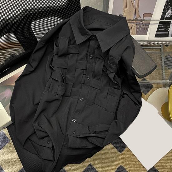 Мужская повседневная рубашка с лацканами, рубашка с длинными рукавами, топы с полой тесьмой, однотонные топы, весенне-осенняя свободная рубашка