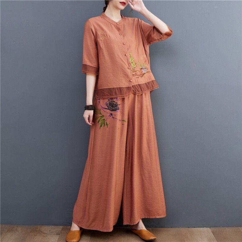 Vintage Chinese Clothes Set Women Ladies Cotton Linen Breathable  Summer Two Piece  Pant Suit