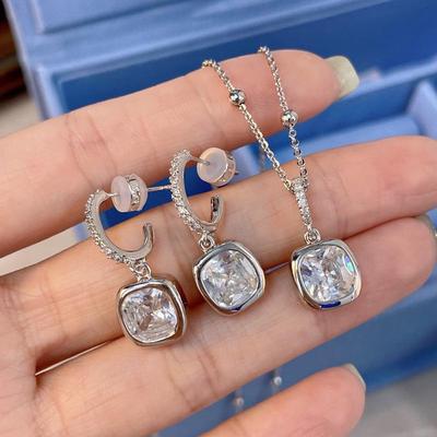 Набор украшений из стерлингового серебра: ожерелье «Сахарный кубик» и серьги-подвески с цирконом для женщин - Элегантный японский и корейский дизайн