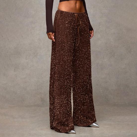 Женские брюки с высокой посадкой, широкими штанинами, повседневные брюки с пайетками, эластичным поясом на кулиске, праздничные брюки