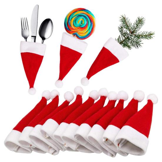 10Pcs Mini Santa Hat Wine Bottle Covers Plush Christmas Tableware Holder Velvet Lollipop
