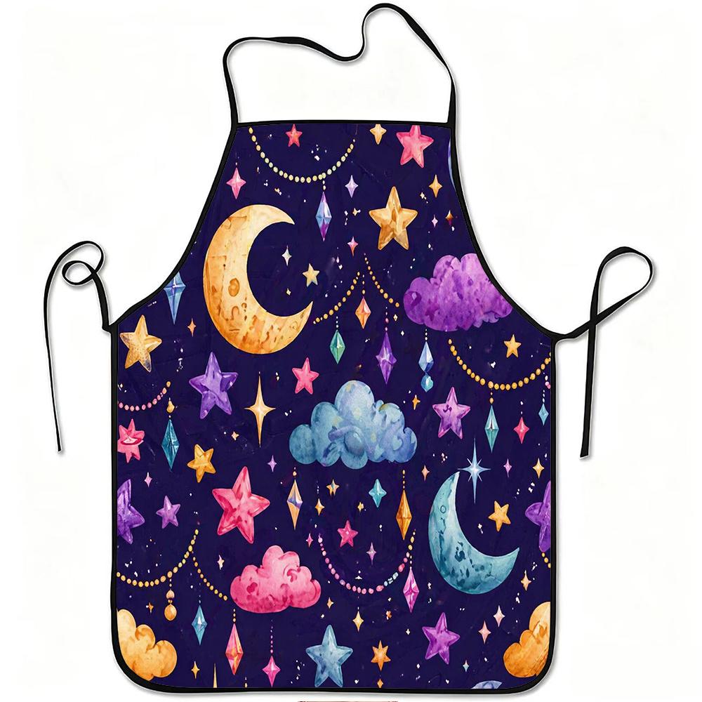 1pc Moon and Stars Colorful Sky Print Apron, Durable and Easy to Clean, Adjustable Waistband, Polyester Material, for Kitchen Cooking, Gardening, Orch