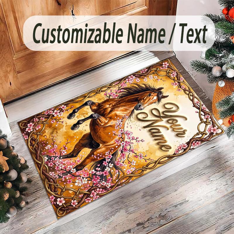 Horse Theme Crystal Velvet Floor Rug Personalized Custom Name Text Warm Carpet Home Decoration