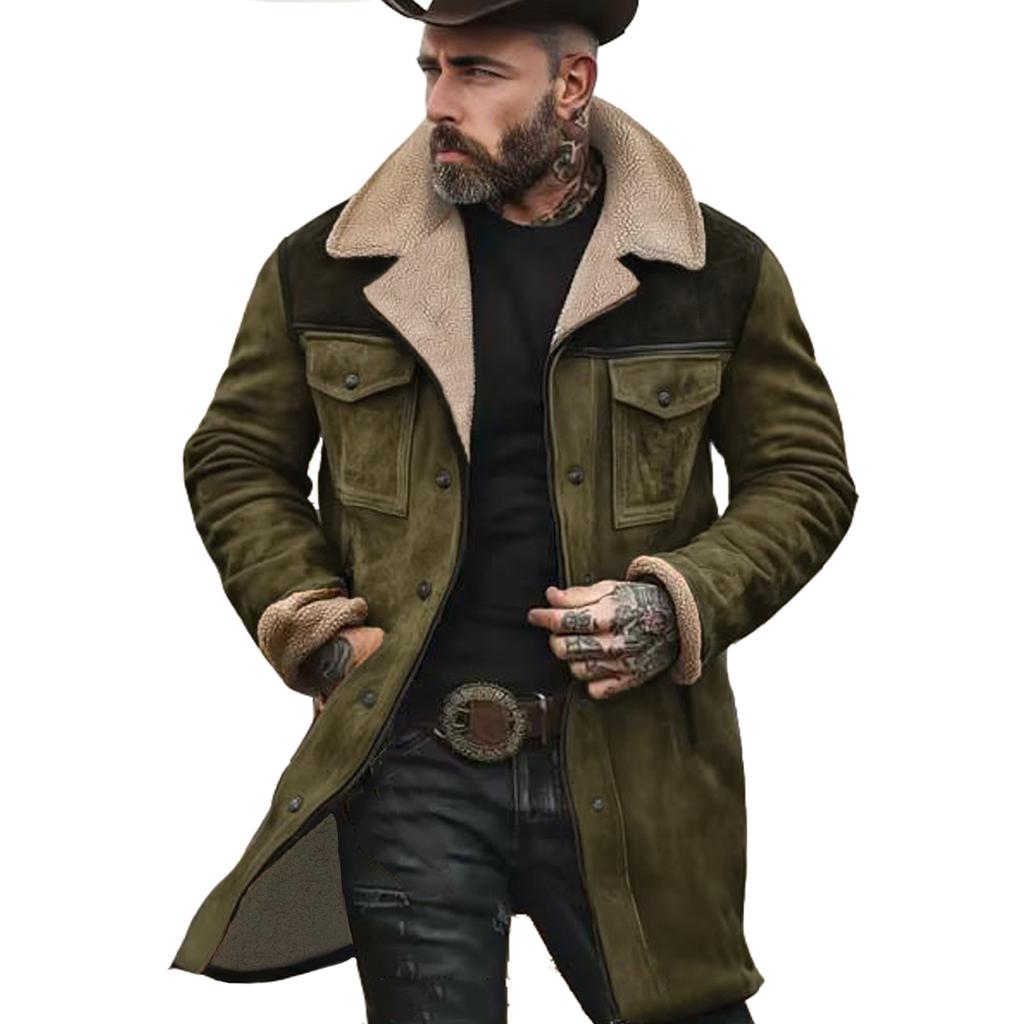 Men's Long Sleeve Faux Fur Lined Coat with Multiple Colors, Brown, Army Green, Gray, Navy