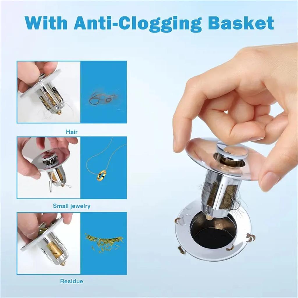 Universal Rebound Drain Plug Filter Basin Pop-up Chrome Sink Filter with Hair Catcher Bathroom Sink Drain Stopper Easy Push Type