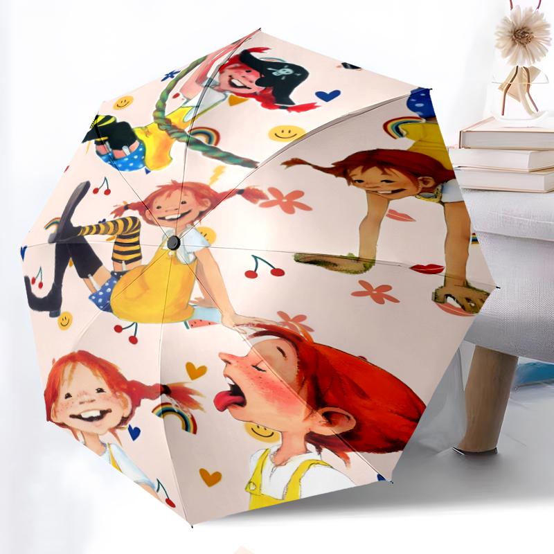 Pippi Longstocking Fashionable Automatic Opening/Closing Folding Umbrella. Portable and Foldable, Ideal for Gift, Travel, and Daily Use.