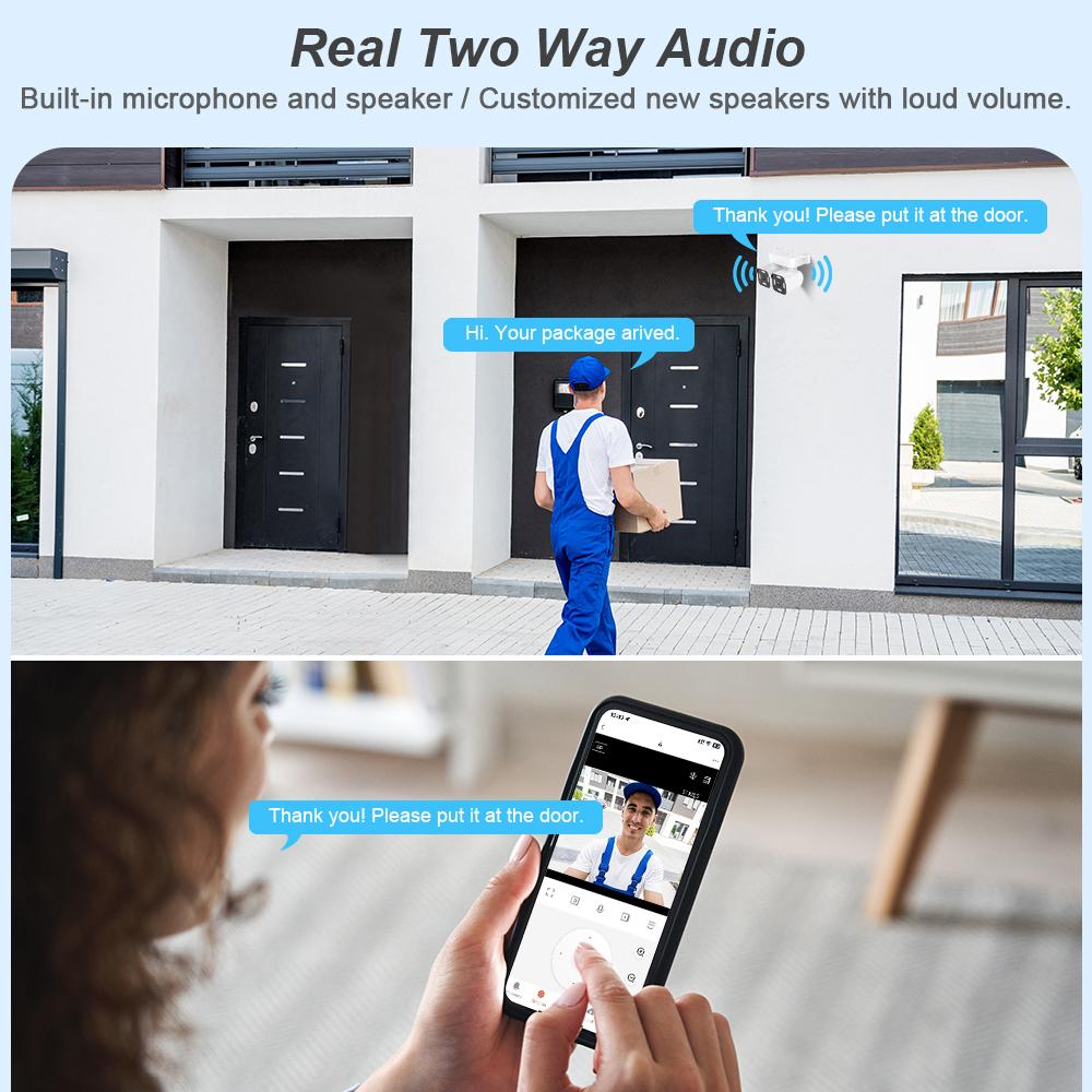 AIOOK Наружная водонепроницаемая камера с двойным PTZ WIFI HD с двойным объективом 8MP 4K с двумя объективами, камера ночного видения, 10-кратный зум, настенная камера без слепой зоны, двусторонний домофон