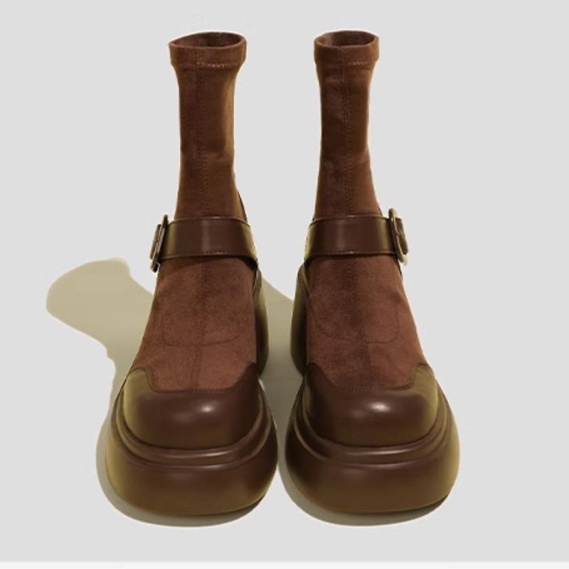 2024 Высококачественная женская обувь, женские сапоги без застежек, модные современные сапоги с пряжкой на ремне, женская горячая распродажа, голые сапоги с круглым носком