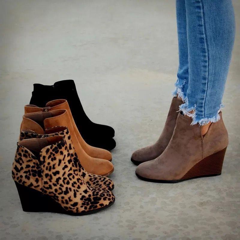 Leather autumn new women's short boots large size wedge heel high heel women's boots in stock