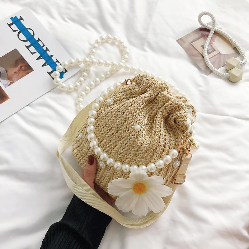 Маленькая плетеная сумка Fresh Flower с жемчужной цепочкой, сумка-тоут Holiday Wind Beach Crossbody Bucket Bag