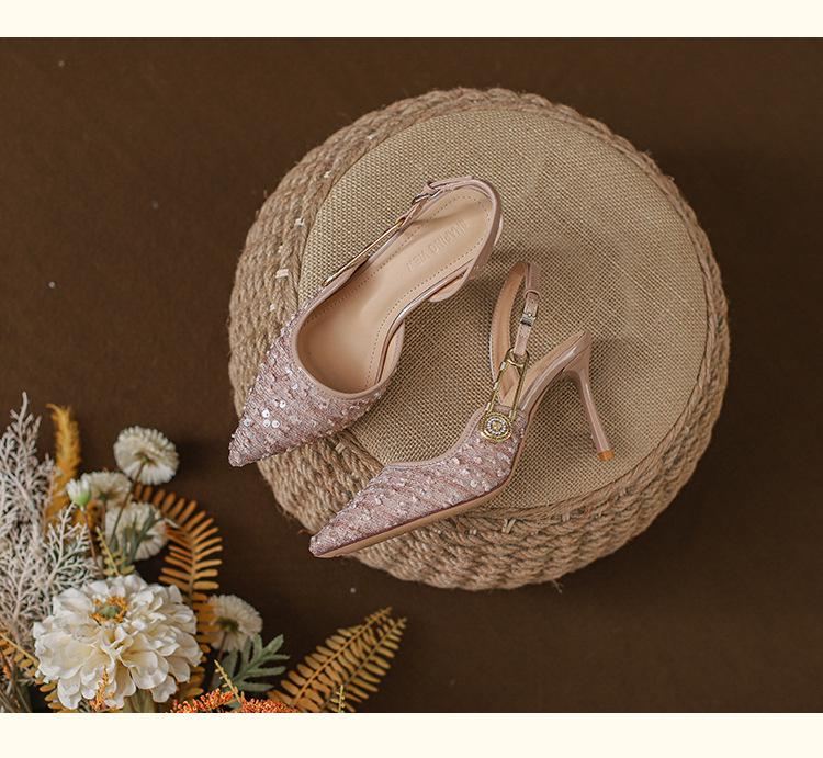 2024 Французские розовые босоножки со стразами и пайетками на шпильке