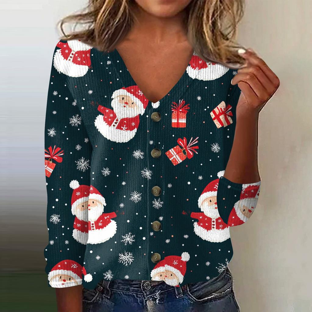 Women's Fashion Print Long Sleeve Knitted Cardigan Button Up Jacket