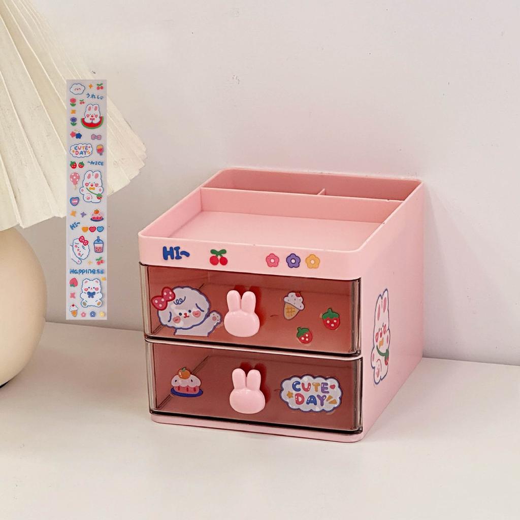 Kawaii Destop Organizer with Sticker Multi-function Lagre Capacity Drawer Stationery Holder Jewelry Hairclip Storage Student