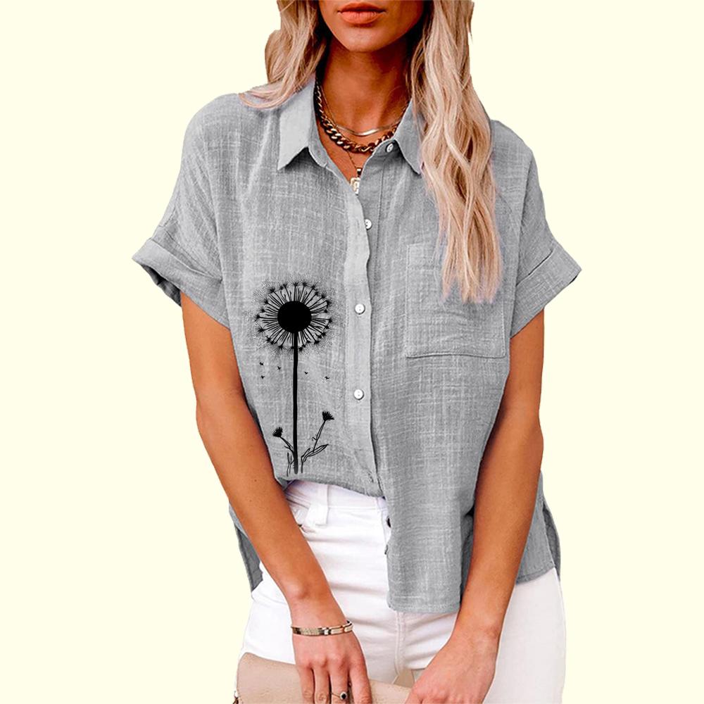 Большие размеры Женская модная блузка с цветочным принтом на пуговицах Льняной топ Женская повседневная свободная футболка с коротким рукавом