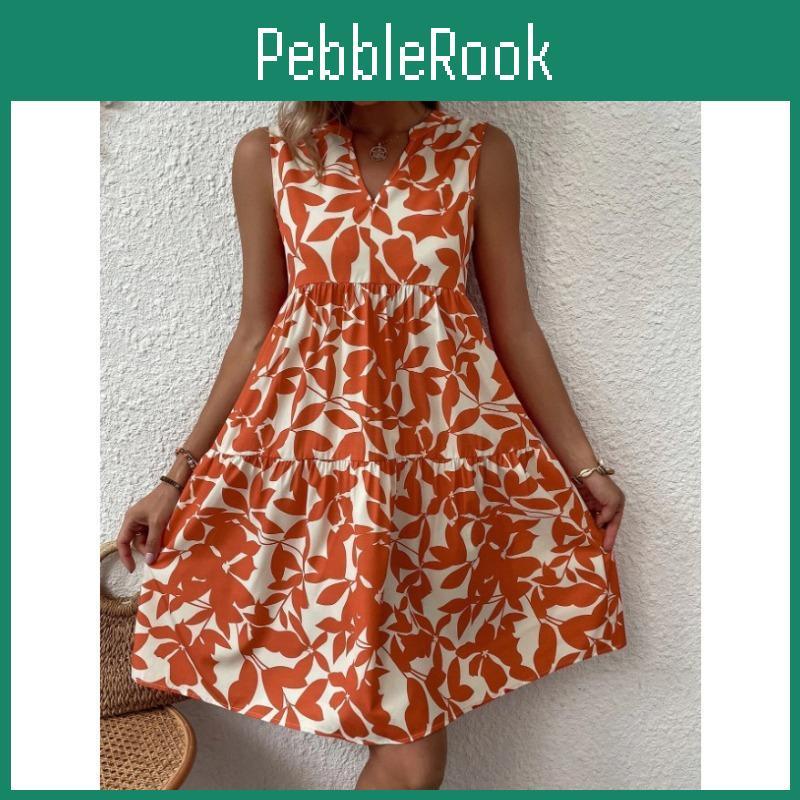 Spring Womens Summer Fashion Vezfaa Flower Pattern Print Sleeveless Vneck Middle Waistline Casual Dresses