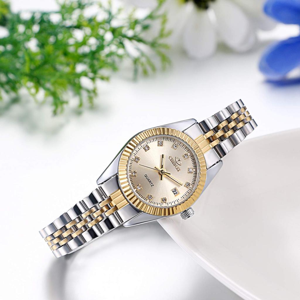 JEWELRYWE Watch 3ATM Waterproof Calendar Luminous Analog Japanese Quartz Stainless Steel Belt Fashion Accessory Gold Women's Women's