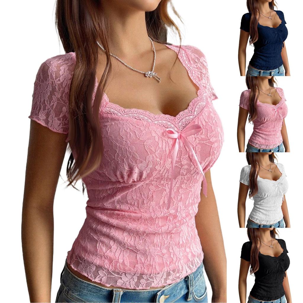Women's Loose V-Neck Casual Solid Color Lace Short Sleeved Top Lace Short Sleeved Top