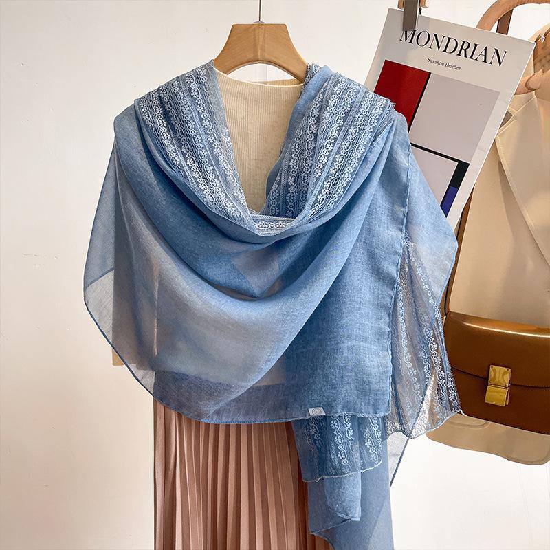 Flaxen lace cotton and linen scarf women's summer shawl spring and autumn foreign style fashion blue silk scarf yarn thin
