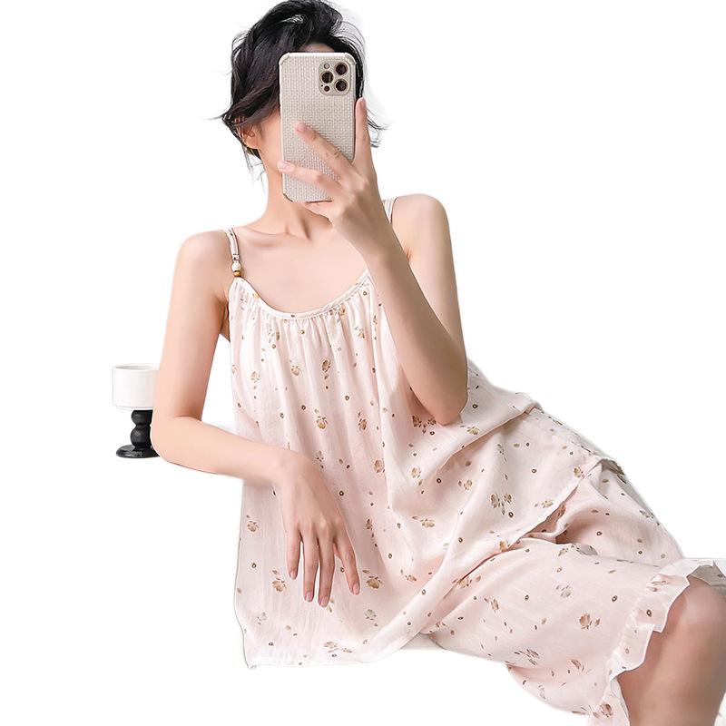 Summer new floral suspender pajamas women's cotton and silk loungewear suit can be worn outside loose and comfortable shorts nightdress