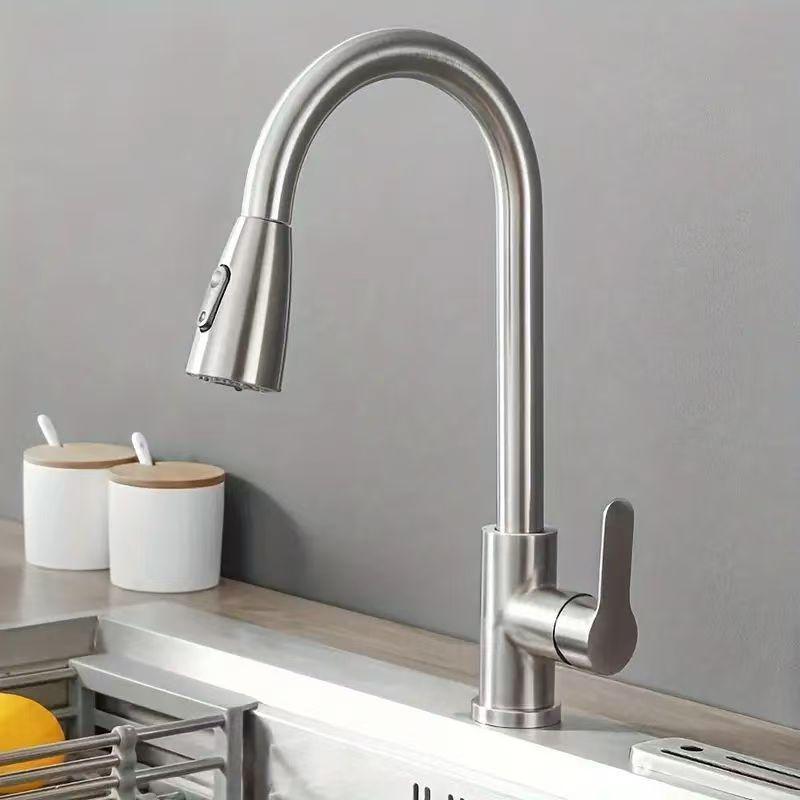 Dual Temperature Stainless Steel Pull-Out Kitchen Faucet with Retractable, Rotatable Spout