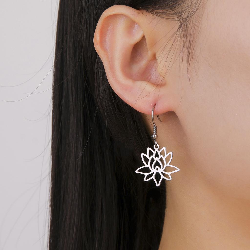 LIKGREAT Open Lotus Flower Dangle Earrings Women Stainless Steel Vintage Yoga Buddhism Healing Amulet Drop Hoop Earring Jewelry