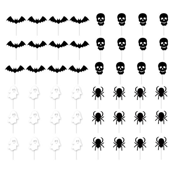 12 шт. Хэллоуинские топперы для кексов Черный паук Череп Летучая мышь Белый призрак Пики для торта для Хэллоуинской тематической вечеринки по случаю дня рождения