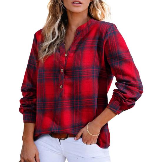 Женская рубашка с V-образным вырезом, на пуговицах, с полупланкой, длинным рукавом, пуловер, клетчатый узор, повседневная, обычного кроя, офисная