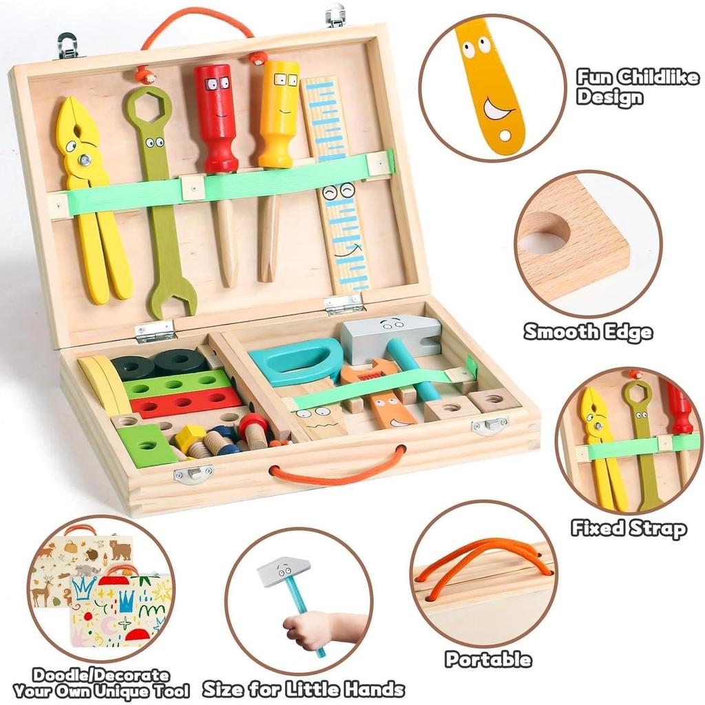 Kids Tool Set Wooden Toddler Tools Montessori Toys for 3 4 Year Olds Boys, 34 PCS Educational STEM Construction Toys Pretend Play