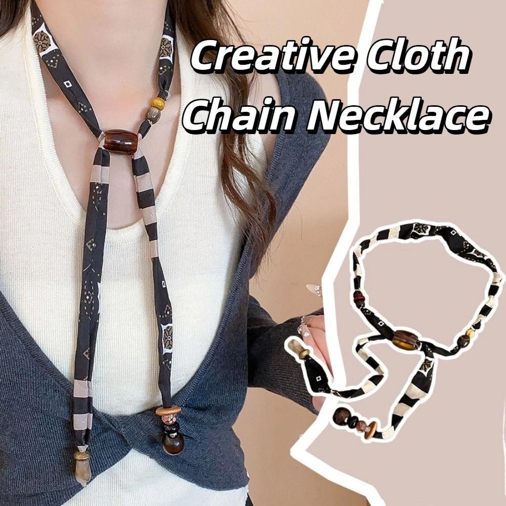 Multicolor Cloth Chain Necklace Strip Bohemian Choker Unique Wood Bead Necklace Male