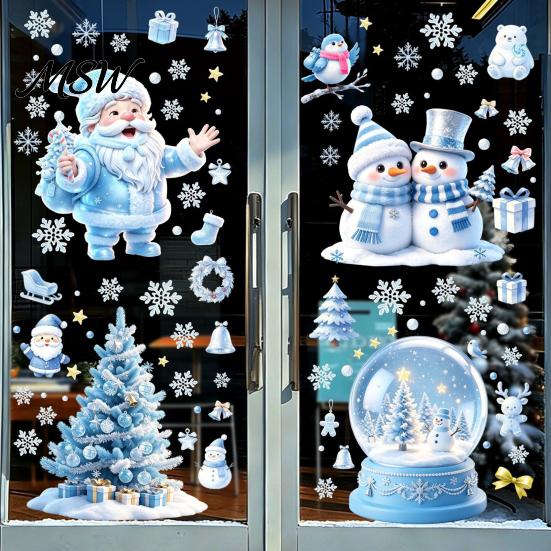 Waterproof Holiday Glass Clings Christmas Snowflakes Santa Static Sticker, PVC Window Indoor Outdoor Decor Decal, Decorative Removable Cling for Party