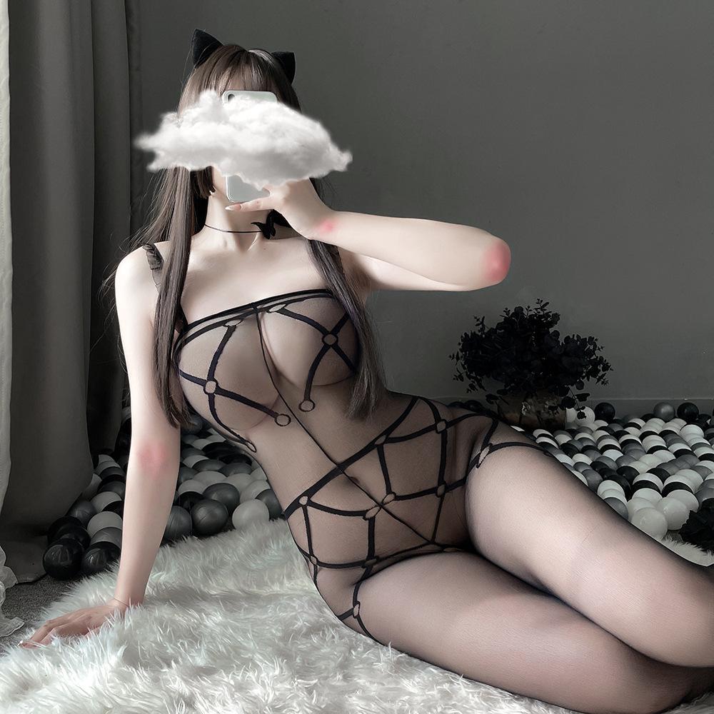 Женский прозрачный черный боди-комбинезон с чулками и открытой промежностью