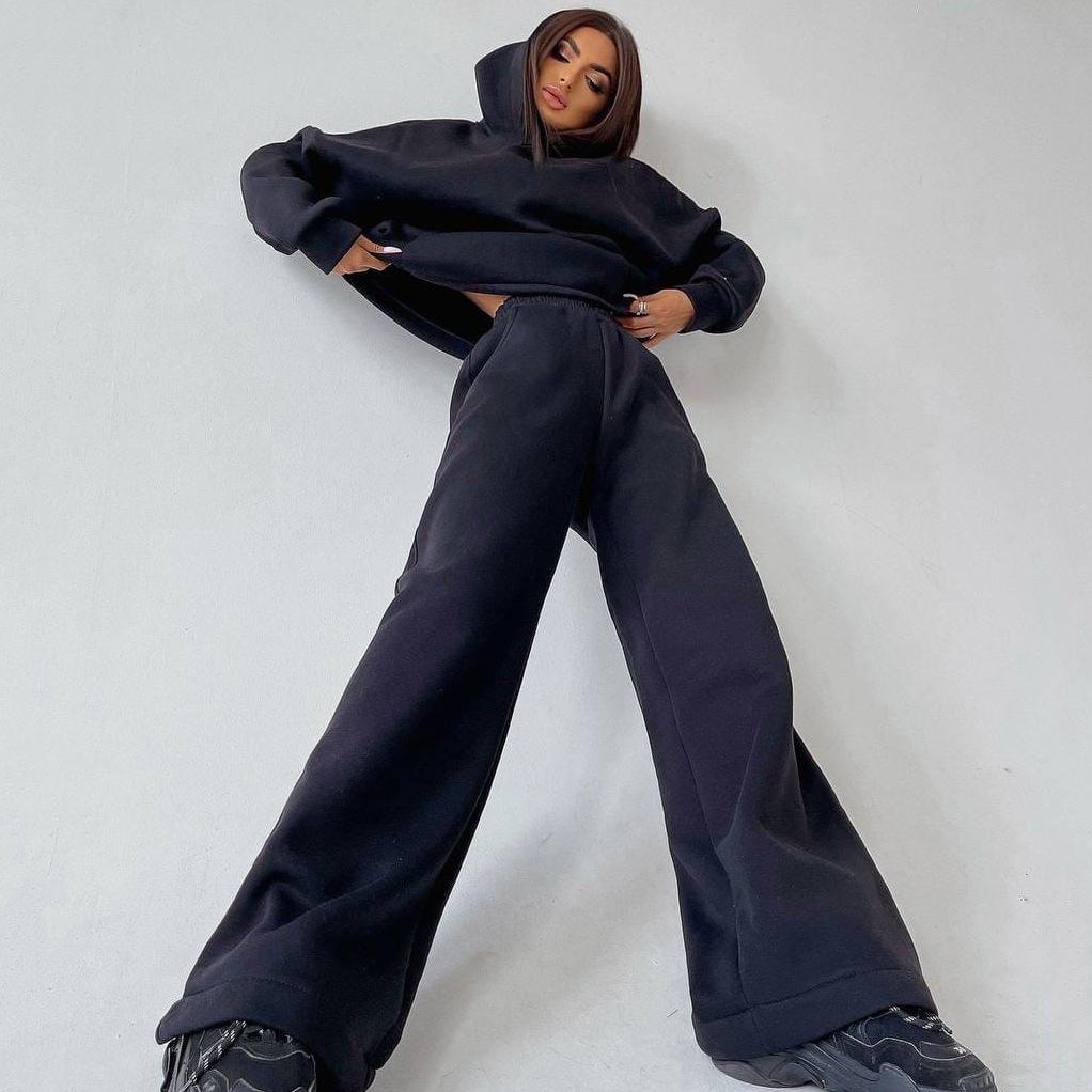 Женский однотонный костюм с длинным рукавом и круглым вырезом, свободный топ, широкие брюки, осень-зима