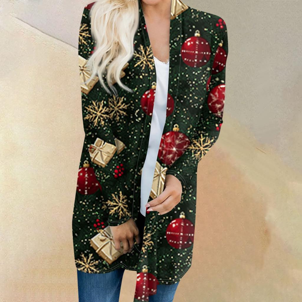 Женский модный и повседневный рождественский принтованный кардиган средней длины с длинными рукавами