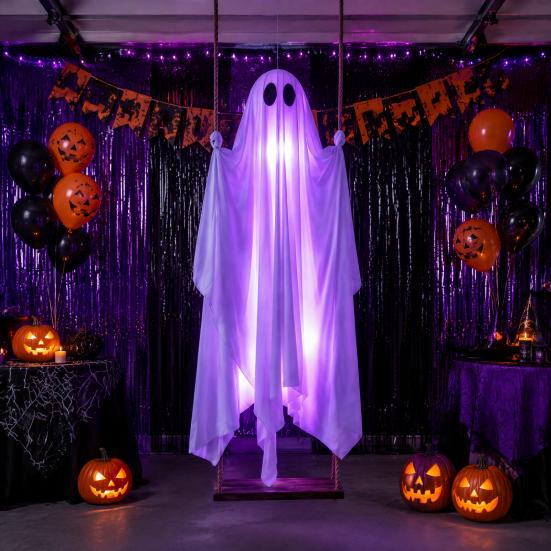 Indoor Haunted House Decor Hanging Ghost Swing Halloween Decoration with Remote Control & LED String Lights, Waterproof Scary Secret Room Decorations