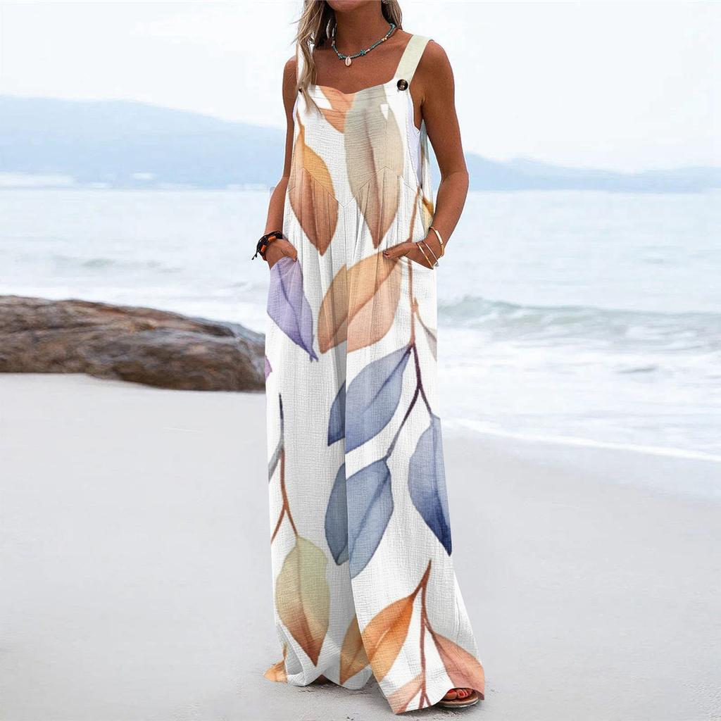 Женский модный повседневный свободный комбинезон без рукавов с карманами и принтом