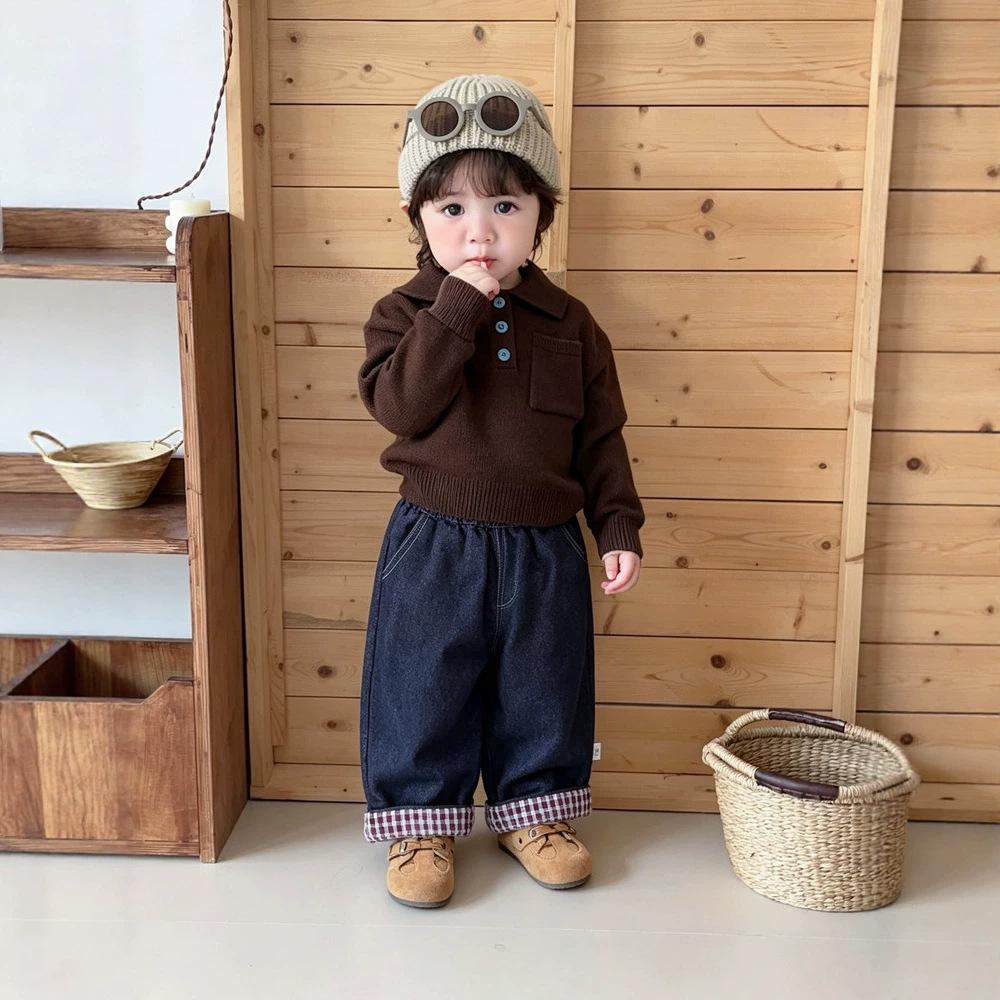 Autumn And Winter Retro Old Money Style Baby Sweater Set Children'S Temperament Polo Neck Knitted Sweater Fashionable Jeans