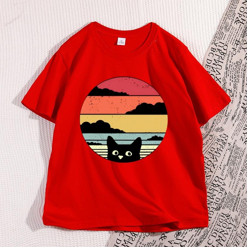 Black Cat Sunset T Shirt Vintage Graphic Unisex T Shirt Cool Streetwear Unisex Tshirts Casual High Quality Cotton Y2k Clothes