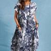 Summer Fashion Cotton Linen Printed Round Neck Pocket Short Sleeved Casual Dress for Women