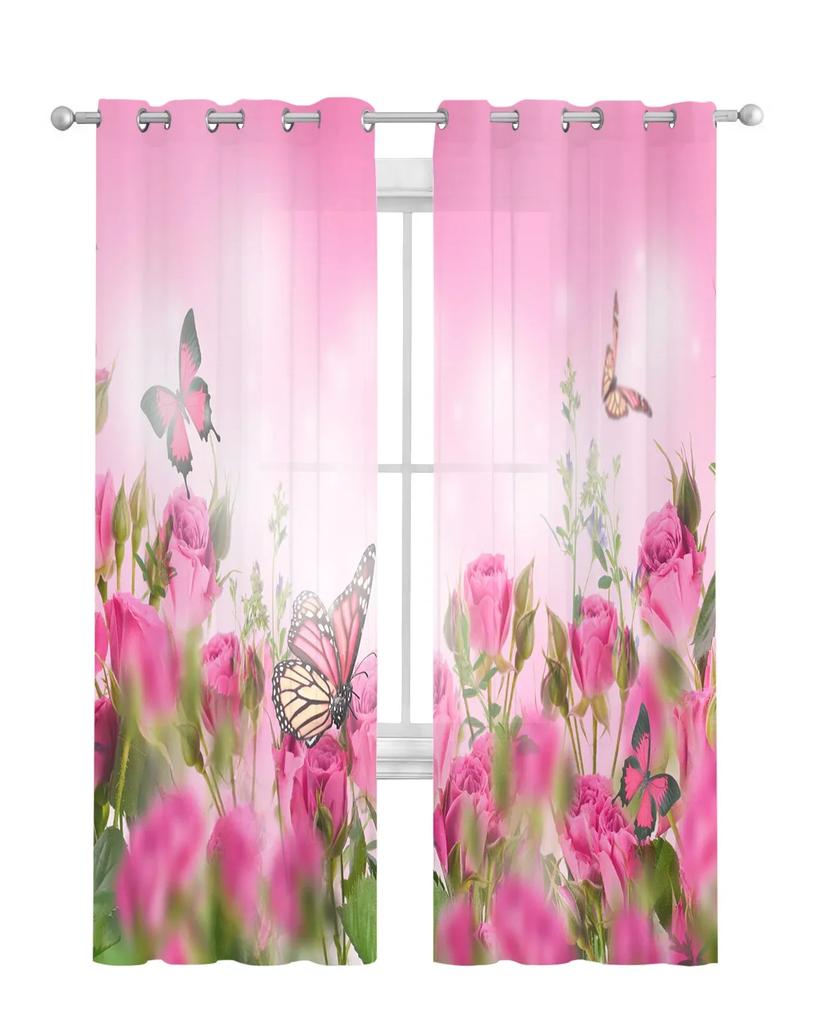 Цветы Бабочка Роза Тюль Прозрачные Шторы для Украшения Гостиной Оконные Шторы Для Спальни Кухни Вуаль Органза Шторы