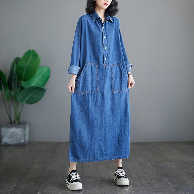 Плюс размер Осеннее женское джинсовое платье Повседневное винтажное свободное платье большого размера с длинным рукавом Базовый однотонный синий