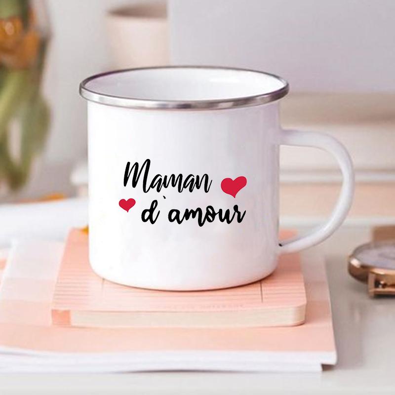 French Flower Maman Printed Mugs Enamel Mug Creative Coffee Cups Drinks Water Milk Cup Home Handle Drinkware Best Mother Gifts